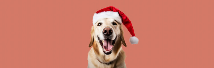 Funny dog in a Santa hat against the background of a wall.