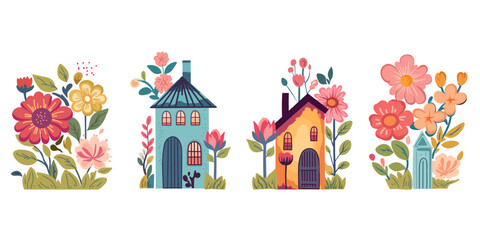 Set of cute little cartoon houses with flowers, vector illustration