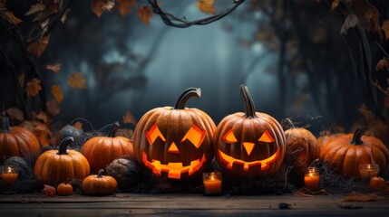 Illustration of a spooky Halloween themed background created with Generative AI technology - obrazy, fototapety, plakaty