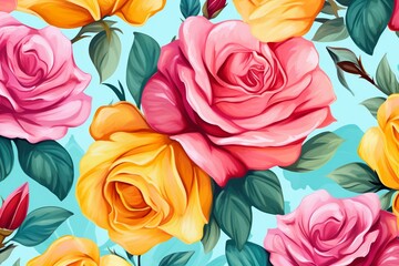 A digital wallpaper featuring colorful roses in pink, yellow, and turquoise as a vibrant background. Generative AI