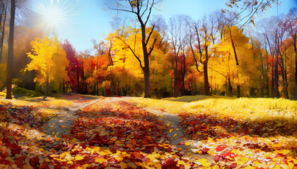 Fototapeta premium autumn in the forest, The Magic of Autumn: Walking Through a Golden Dream, AI Generated