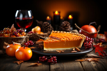 piece of pumpkin pie on table, delicious dessert for Thanksgiving and Halloween, popular desserts