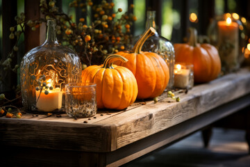 pumpkins on an old wooden table, harvesting, Halloween decoration, close-up, idea for a card