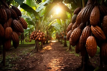 Cocoa plantation in Kolaka regency, SE Sulawesi province, Indonesia. Generative AI - obrazy, fototapety, plakaty