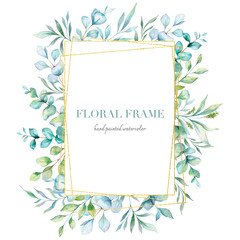 Eucalyptus Watercolor Frame. Eucalyptus Greenery Frame Hand Painted isolated on white background.  Perfect for wedding invitations, floral labels, bridal shower and  floral greeting cards