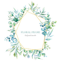 Eucalyptus Watercolor Frame. Eucalyptus Greenery Frame Hand Painted isolated on white background.  Perfect for wedding invitations, floral labels, bridal shower and  floral greeting cards