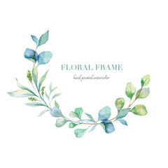 Eucalyptus Watercolor Frame. Eucalyptus Greenery Frame Hand Painted isolated on white background.  Perfect for wedding invitations, floral labels, bridal shower and  floral greeting cards