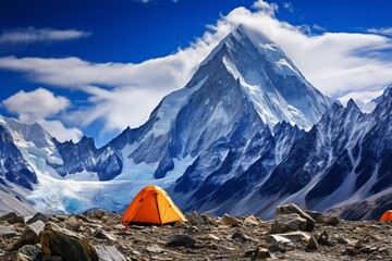 Scenic panorama of Broad Peak and K2 seen from Concordia campsite during K2 base camp trek in Karakoram, Pakistan. Generative AI