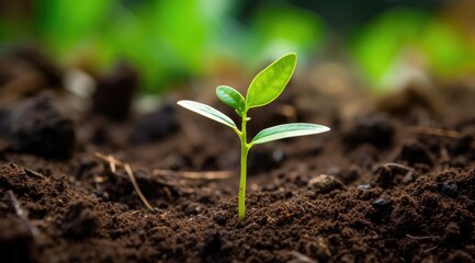 Young green tree plant sprout growing up from the black soil. Growth new life concept.