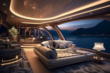 Luxurious yacht cabin interior with sea view. Generative AI - obrazy, fototapety, plakaty