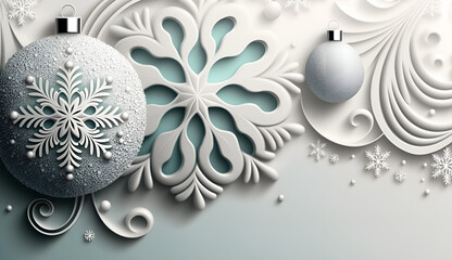 A white Christmas background with ornaments and snowflakes