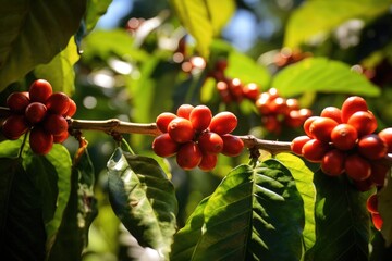 Close up fresh organic red raw and ripe coffee cherry beans on tree plantation