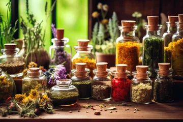 Zelfklevend Fotobehang Bottles of tincture or infusion of healthy medicinal herbs and healing plants. Herbal medicine. © kardaska