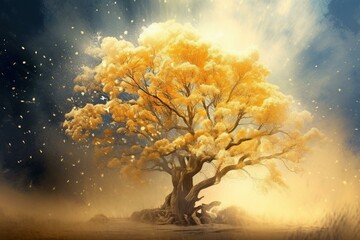 Majestic tree releasing floating pollen in the ethereal atmosphere. Generative AI
