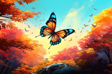 Fototapeta na wymiar Butterfly flying in autumn landscape with colorful leaves. Generative AI
