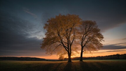 Fototapeta na wymiar Capturing the Beauty: Low-Light Tree Silhouettes in Autumn Twilight, Generative AI