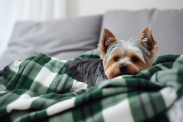 a nice Yorkshire terrier, nestled in an armchair, waiting for its owner.