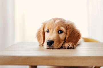 a golden retriever dog at the table of a light room waiting for his owner. looking friendly