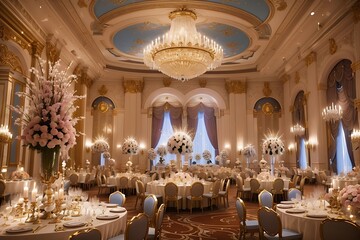 Fototapeta na wymiar Describe the meticulous process of decorating a grand ballroom for a royal gala, including the choice of colors, fabrics. temple