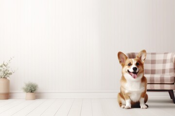 A cute corgi nestled near a armchair, waiting for its owner. copy space