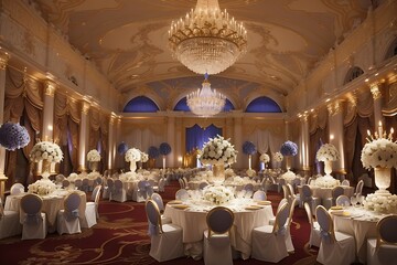 Describe the meticulous process of decorating a grand ballroom for a royal gala, including the choice of colors, fabrics. luxury