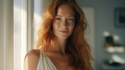 Beautiful  happy ginger woman in loose home clothes at the window. Portrait of a smiling lady. Feminine beauty.