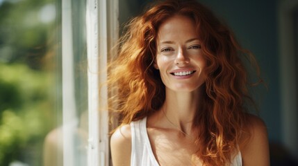 Beautiful  happy ginger woman in loose home clothes at the window. Portrait of a smiling lady. Feminine beauty.