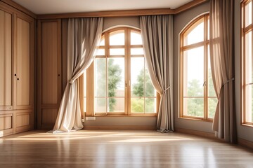 Empty room, wooden window with with curtain and window. design