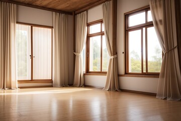 Obraz premium Empty room, wooden window with with curtain and window. view