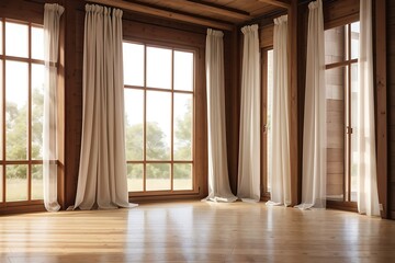 Empty room, wooden window with with curtain and window. house