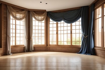 Empty room, wooden window with with curtain and window. interior