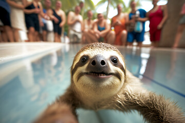 Animals on holiday collection: sloth in swimming pool
