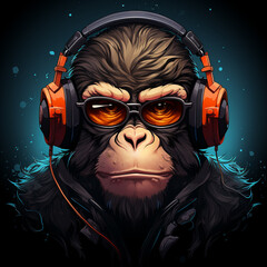 Funky monkey dj with headphones illustration - obrazy, fototapety, plakaty