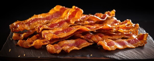 Obraz na płótnie Canvas Tasty crispy slices of bacon on a dark background. Generative AI.