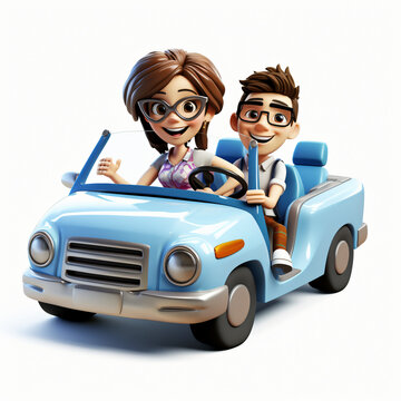 3d cartoon man and woman driving car isolated on white background