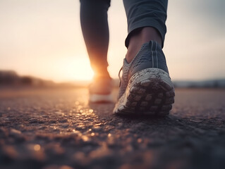 Dynamic Close-up of Running Feet in Sneakers with Visible Tread on Asphalt at Sunset, AI Generated Image