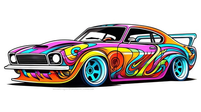  a colorful car painted in bright colors on a white background.  generative ai