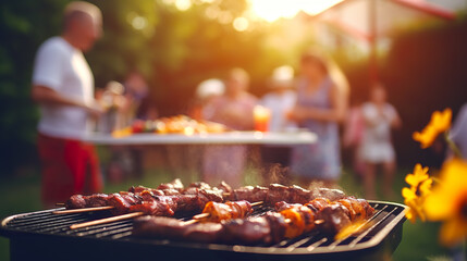 Summer grilling, BBQ delights, and a joyous weekend afternoon meat feast - obrazy, fototapety, plakaty
