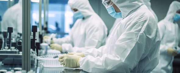 Pharmaceutical factory, researchers and workers in protective suits developing new drugs or medicines. Biopharmaceutical lab
