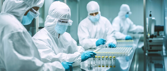 Pharmaceutical factory, researchers and workers in protective suits developing new drugs or medicines. Biopharmaceutical lab. Banner - obrazy, fototapety, plakaty
