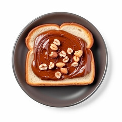 Fototapeta premium A plate of toast with chocolate and nut filling, isolated on a white background. view from above