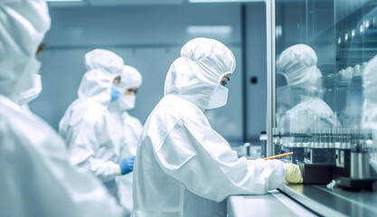 Pharmaceutical factory, researchers and workers in protective suits developing new drugs or medicines. Biopharmaceutical lab - obrazy, fototapety, plakaty
