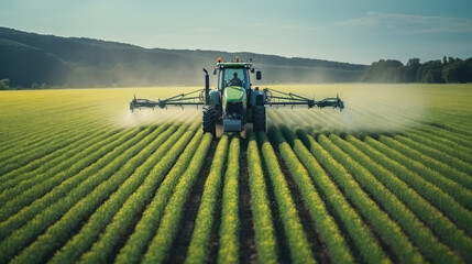 Aerial view of Tractor spraying pesticides on field with sprayer - obrazy, fototapety, plakaty
