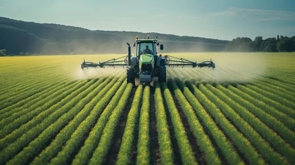 Poster Aerial view of Tractor spraying pesticides on field with sprayer © Atchariya63