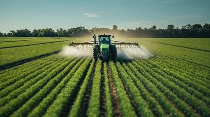 Aerial view of Tractor spraying pesticides on field with sprayer - obrazy, fototapety, plakaty