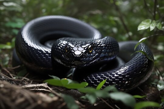 Imagine you are in a dense forest, and you've just come across a striking black snake with glistening scales. Its slender body is coiled gracefully, beautiful