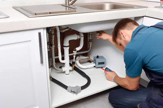 Plumber work with pipes under the sink