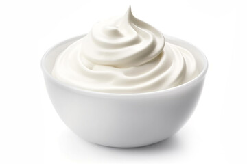 Sour cream swirl in bowl isolated on white background, fresh Greek yogurt - obrazy, fototapety, plakaty