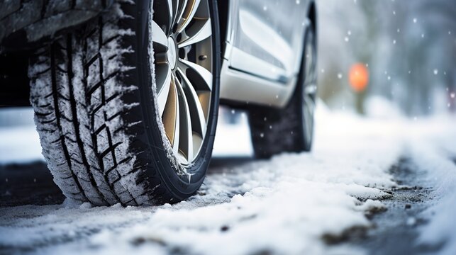 Detail of winter automobile tires on a snow-covered road. Generative Ai.