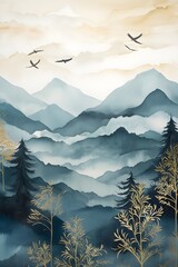 Watercolor painting, Forest mountains landscape, nighttime scene, blue and gold theme, whimsical and magical story book style, starry night